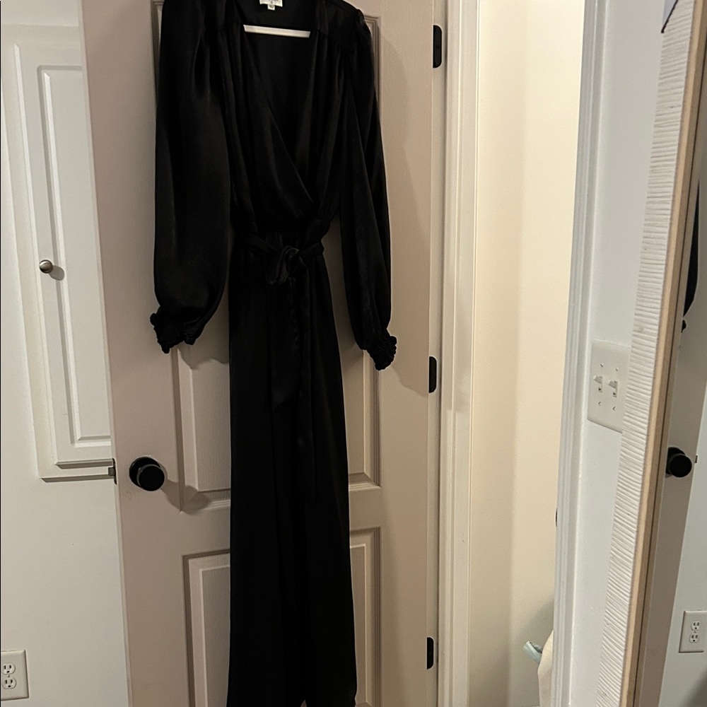 Aura Black Satin Wrap Maxi Dress with Tie Waist